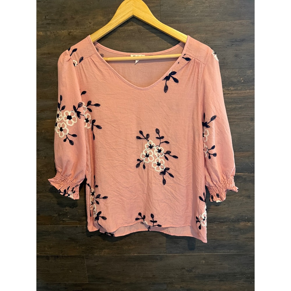 Kindred Petite Pink Floral Embroidered V-Neck Blouse Smocked 3/4 Sleeve PS